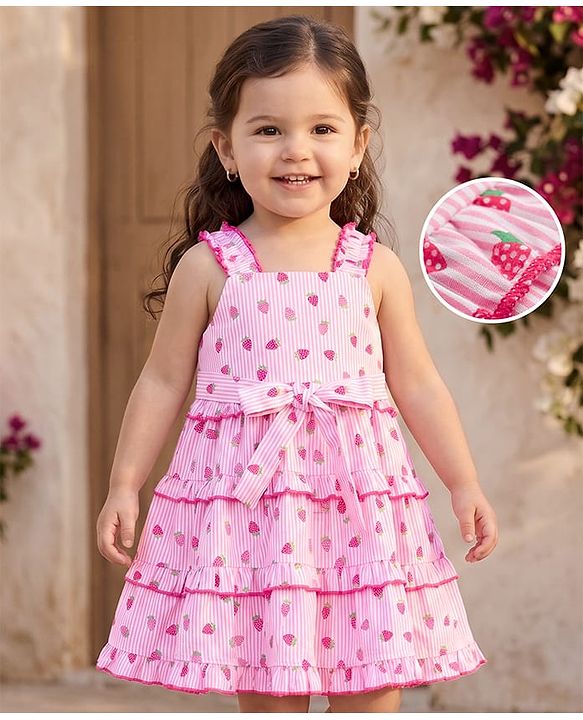Babyhug Woven Sleeveless Strawberry Printed Tiered Frock - Pink