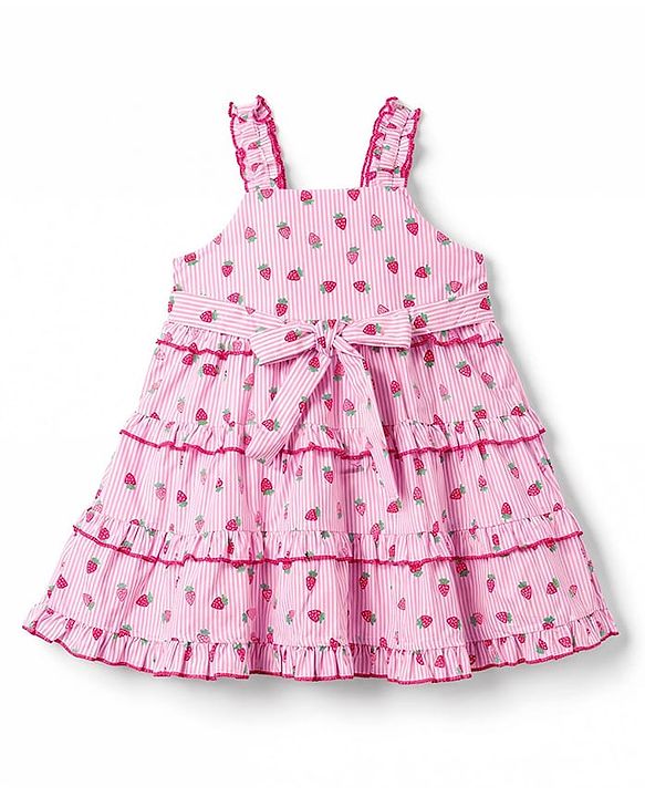 Babyhug Woven Sleeveless Strawberry Printed Tiered Frock - Pink