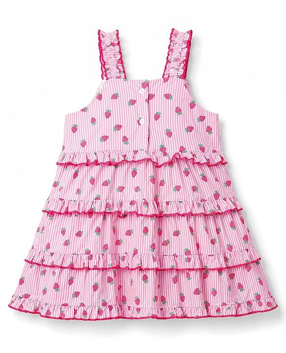 Babyhug Woven Sleeveless Strawberry Printed Tiered Frock - Pink