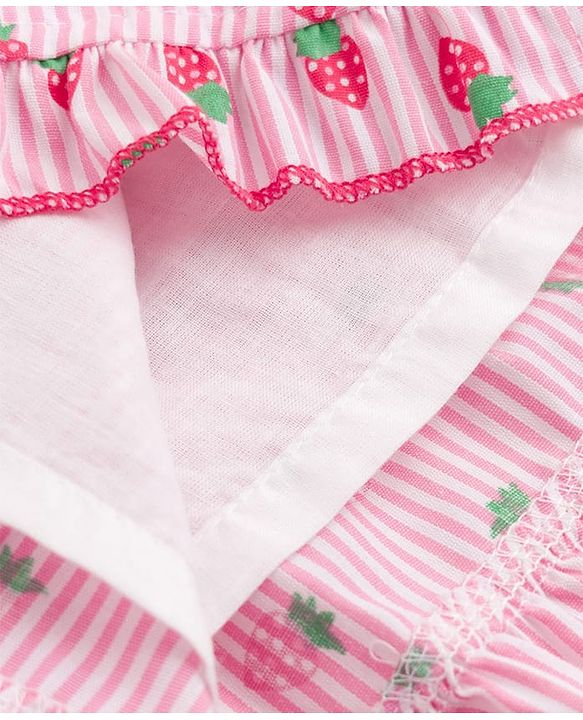 Babyhug Woven Sleeveless Strawberry Printed Tiered Frock - Pink