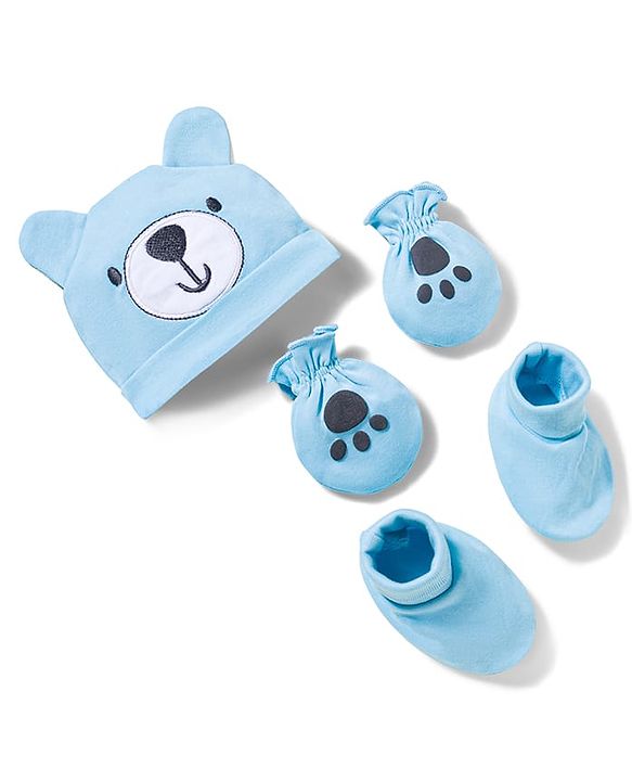 Babyhug 100% Cotton Interlock Knit Cap Mittens & Booties With Teddy Print Blue - Diameter 16 cm