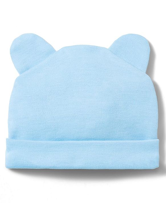 Babyhug 100% Cotton Interlock Knit Cap Mittens & Booties With Teddy Print Blue - Diameter 16 cm