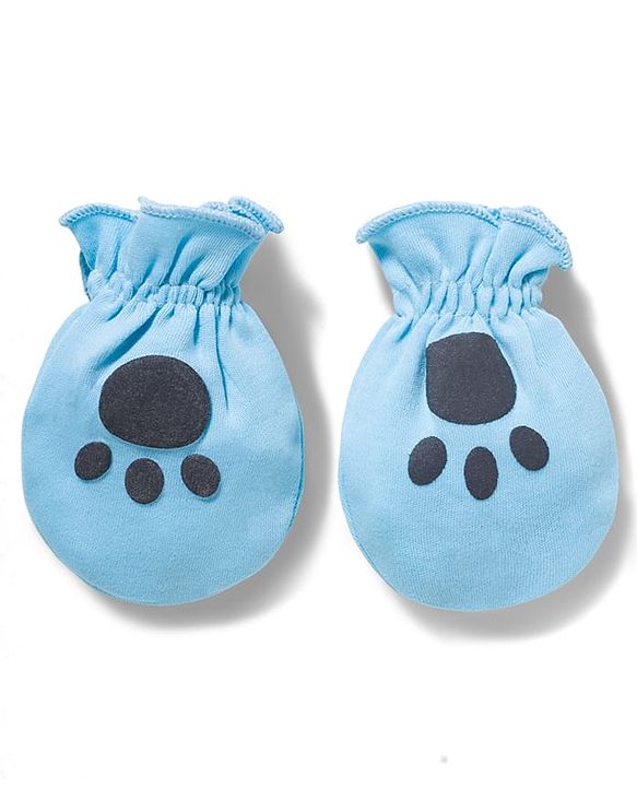 Babyhug 100% Cotton Interlock Knit Cap Mittens & Booties With Teddy Print Blue - Diameter 16 cm