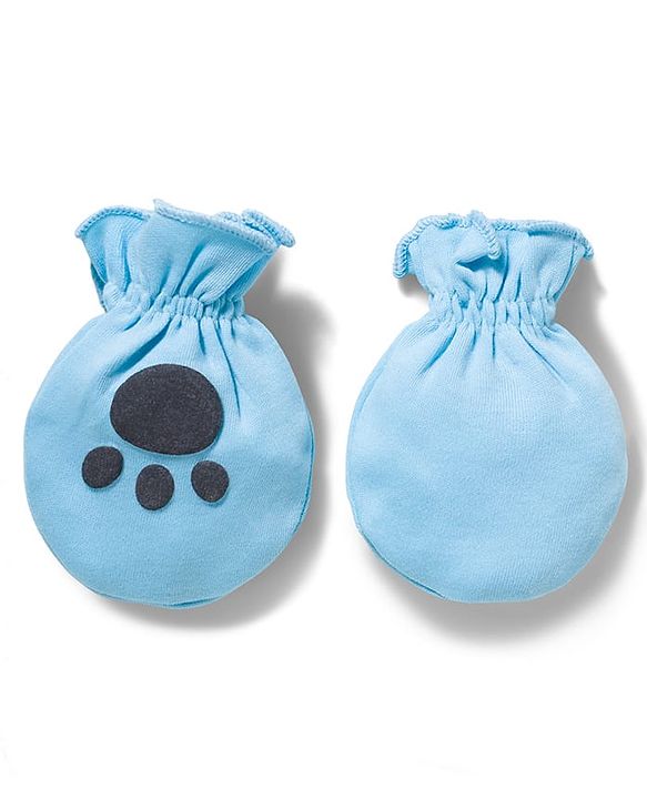 Babyhug 100% Cotton Interlock Knit Cap Mittens & Booties With Teddy Print Blue - Diameter 16 cm