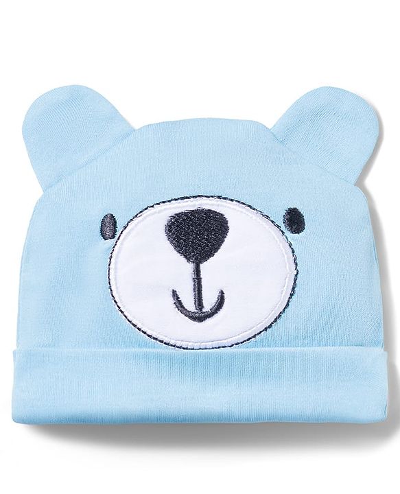 Babyhug 100% Cotton Interlock Knit Cap Mittens & Booties With Teddy Print Blue - Diameter 16 cm