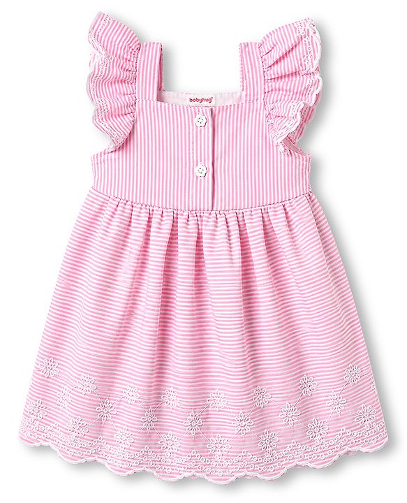 Babyhug Woven Frill Sleeves Striped & Floral Embroidered Frock - Pink