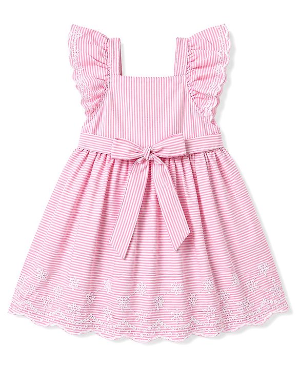 Babyhug Woven Frill Sleeves Striped & Floral Embroidered Frock - Pink
