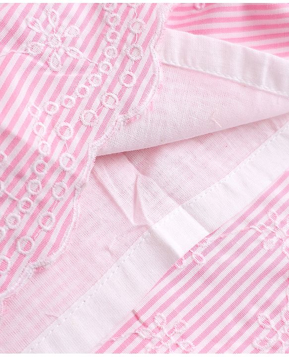 Babyhug Woven Frill Sleeves Striped & Floral Embroidered Frock - Pink