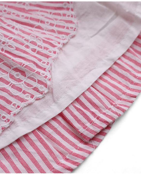 Babyhug 100% Cotton Mixes Woven Half Sleeves One Piece Dress with Floral Embroidery and Striped Print - Pink