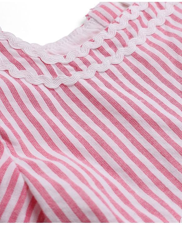 Babyhug 100% Cotton Mixes Woven Half Sleeves One Piece Dress with Floral Embroidery and Striped Print - Pink