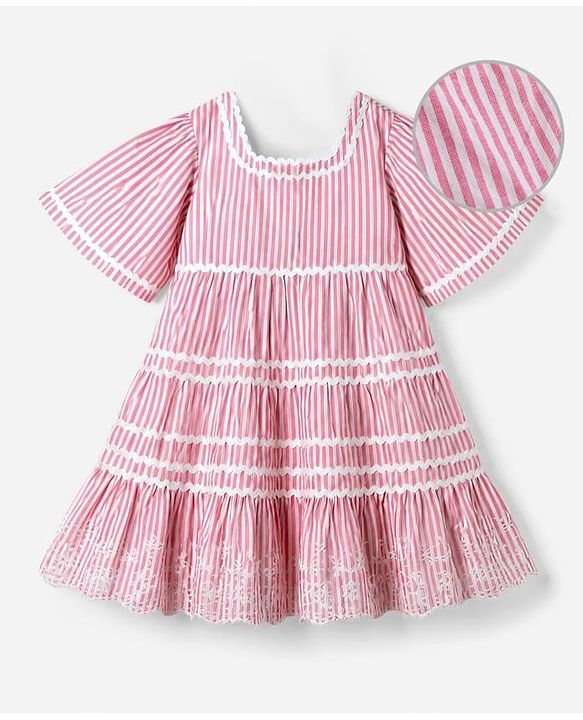 Babyhug 100% Cotton Mixes Woven Half Sleeves One Piece Dress with Floral Embroidery and Striped Print - Pink