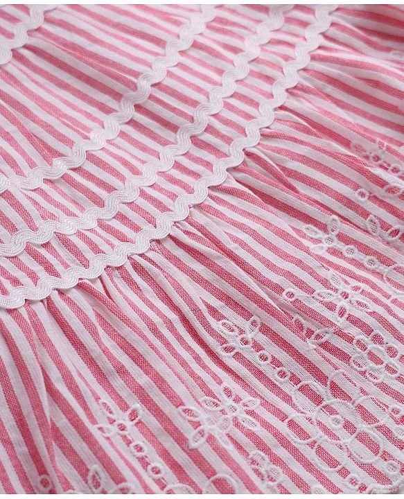 Babyhug 100% Cotton Mixes Woven Half Sleeves One Piece Dress with Floral Embroidery and Striped Print - Pink