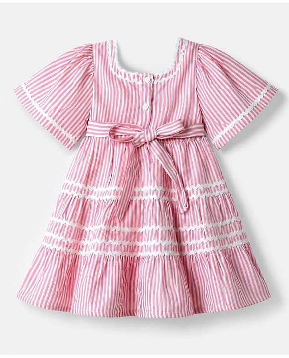 Babyhug 100% Cotton Mixes Woven Half Sleeves One Piece Dress with Floral Embroidery and Striped Print - Pink