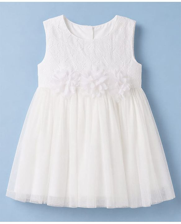 Babyhug Mesh Woven Sleeveless Frock with Floral Applique - White