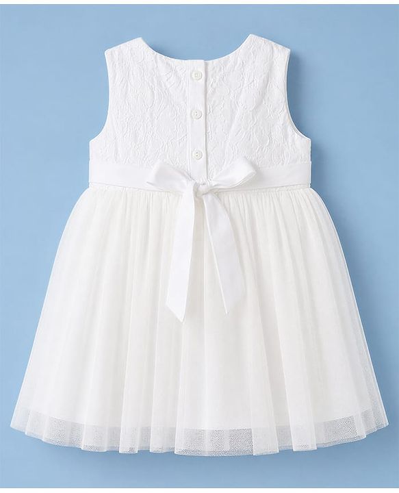 Babyhug Mesh Woven Sleeveless Frock with Floral Applique - White