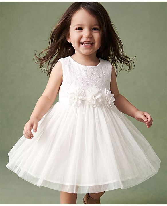 Babyhug Mesh Woven Sleeveless Frock with Floral Applique - White