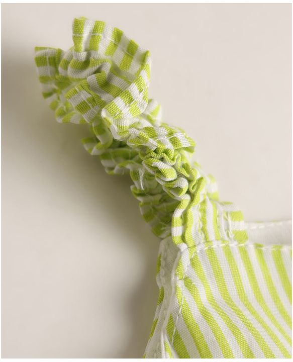 Babyhug Cotton Woven Sleeveless Flared Striped One Piece Frock With Floral & Fruit Embroidery - Green