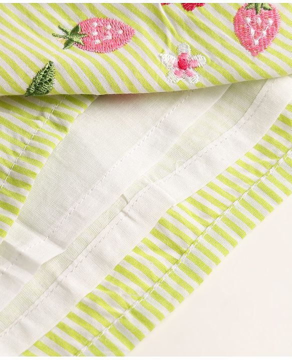 Babyhug Cotton Woven Sleeveless Flared Striped One Piece Frock With Floral & Fruit Embroidery - Green