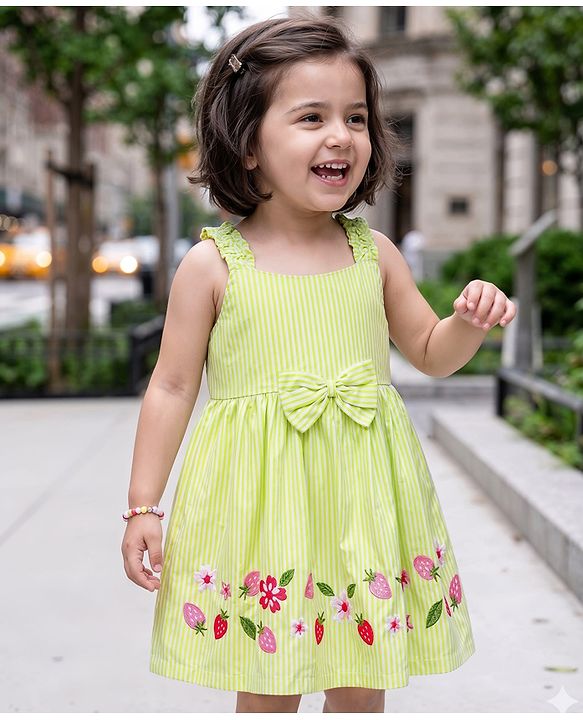 Babyhug Cotton Woven Sleeveless Flared Striped One Piece Frock With Floral & Fruit Embroidery - Green