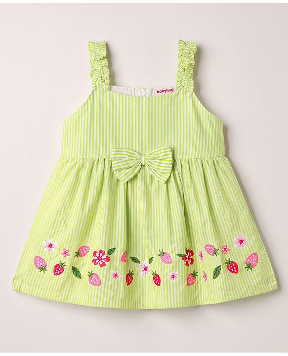 Babyhug Cotton Woven Sleeveless Flared Striped One Piece Frock With Floral & Fruit Embroidery - Green