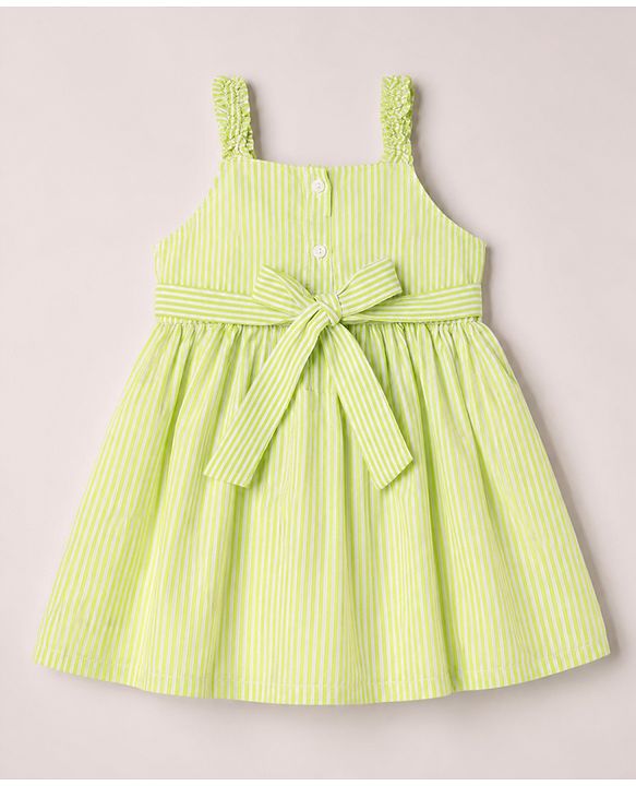 Babyhug Cotton Woven Sleeveless Flared Striped One Piece Frock With Floral & Fruit Embroidery - Green