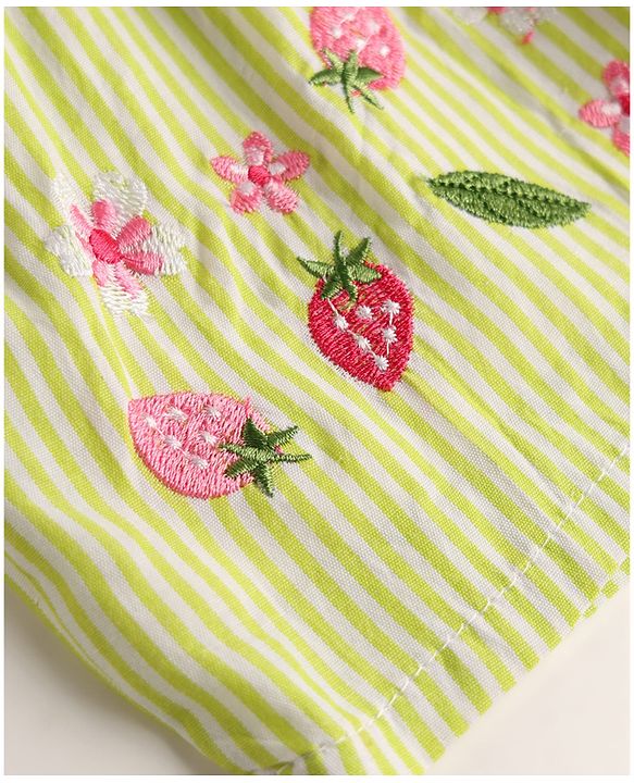 Babyhug Cotton Woven Sleeveless Flared Striped One Piece Frock With Floral & Fruit Embroidery - Green