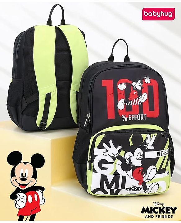 Babyhug Disney Mickey Mouse 16 inches 100% Effort School Backpack | 2 Main Compartment, 1 Front Pocket, 2 Side Bottle Pocket - Black