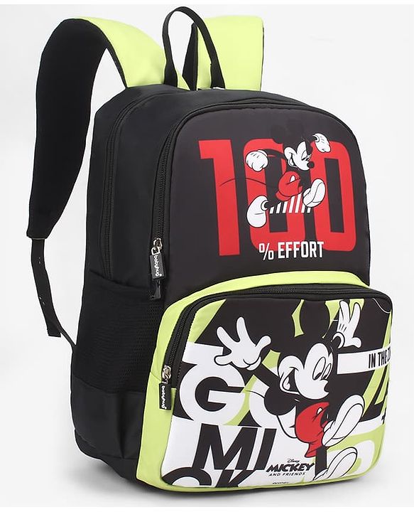 Babyhug Disney Mickey Mouse 16 inches 100% Effort School Backpack | 2 Main Compartment, 1 Front Pocket, 2 Side Bottle Pocket - Black