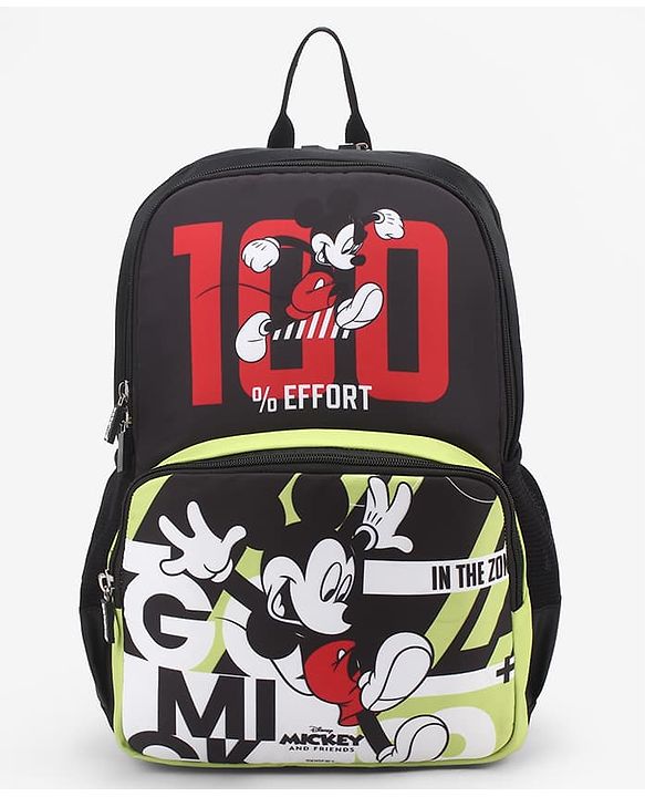 Babyhug Disney Mickey Mouse 16 inches 100% Effort School Backpack | 2 Main Compartment, 1 Front Pocket, 2 Side Bottle Pocket - Black