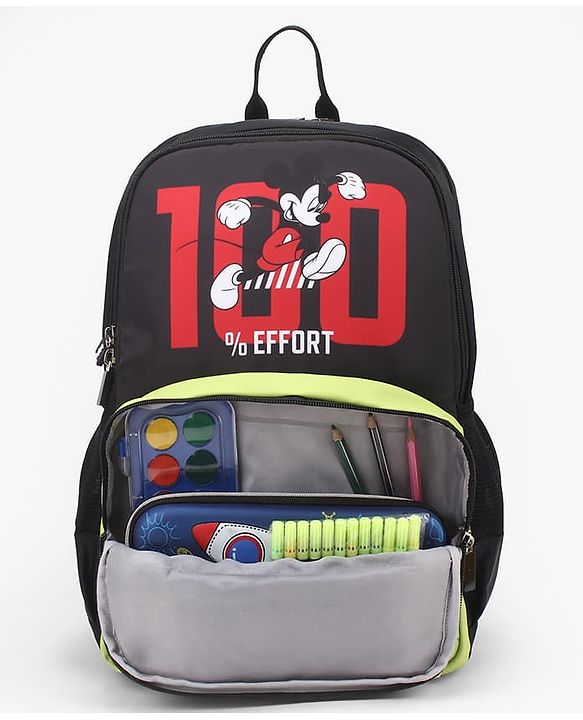 Babyhug Disney Mickey Mouse 16 inches 100% Effort School Backpack | 2 Main Compartment, 1 Front Pocket, 2 Side Bottle Pocket - Black