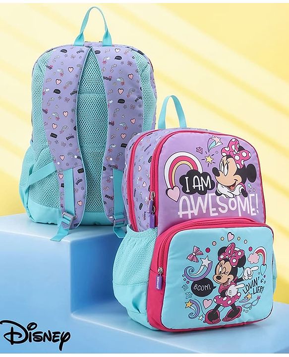 Babyhug Disney Minnie Mouse 16 inches I am awesome School Backpack | 2 Main Compartment , 1 Front Pocket, 2 Side Bottle Pocket - Blue Pink