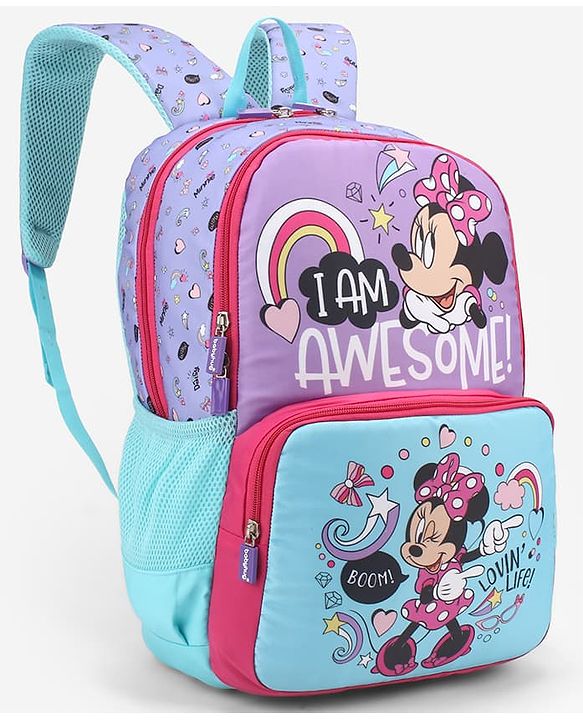 Babyhug Disney Minnie Mouse 16 inches I am awesome School Backpack | 2 Main Compartment , 1 Front Pocket, 2 Side Bottle Pocket - Blue Pink