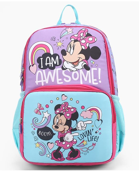 Babyhug Disney Minnie Mouse 16 inches I am awesome School Backpack | 2 Main Compartment , 1 Front Pocket, 2 Side Bottle Pocket - Blue Pink