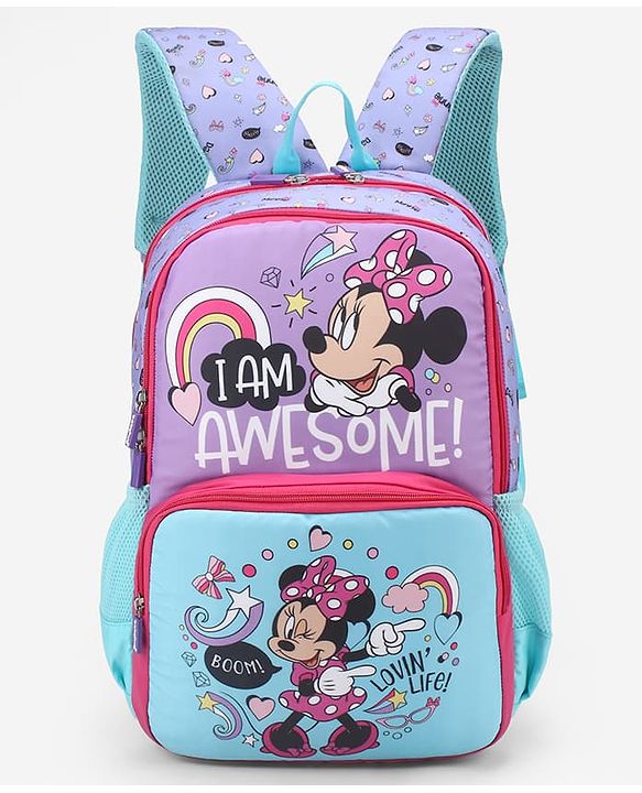 Babyhug Disney Minnie Mouse 16 inches I am awesome School Backpack | 2 Main Compartment , 1 Front Pocket, 2 Side Bottle Pocket - Blue Pink