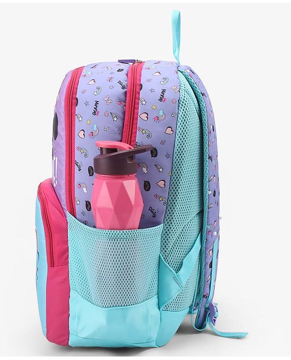 Babyhug Disney Minnie Mouse 16 inches I am awesome School Backpack | 2 Main Compartment , 1 Front Pocket, 2 Side Bottle Pocket - Blue Pink