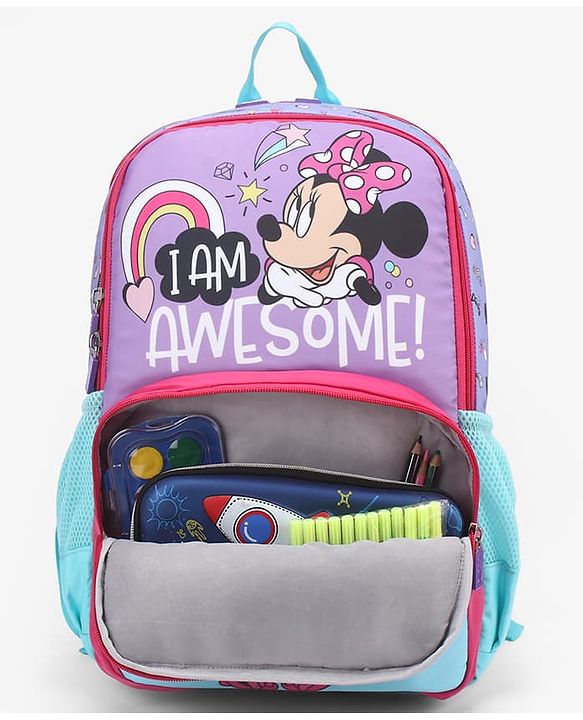 Babyhug Disney Minnie Mouse 16 inches I am awesome School Backpack | 2 Main Compartment , 1 Front Pocket, 2 Side Bottle Pocket - Blue Pink