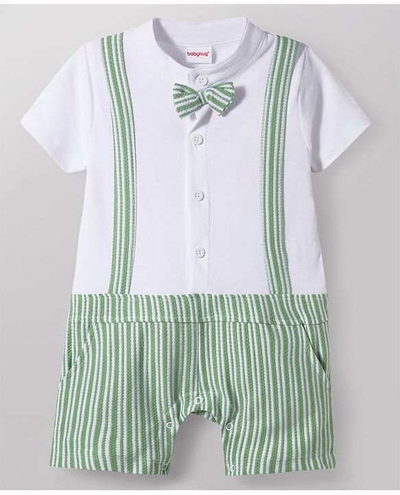 Babyhug Popcorn Knit Half Sleeves Striped Romper with Bow - Multicolor