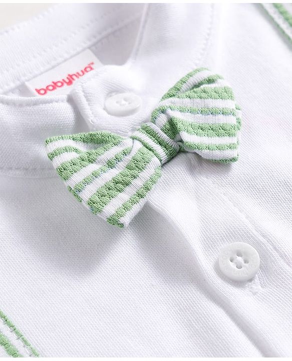Babyhug Popcorn Knit Half Sleeves Striped Romper with Bow - Multicolor