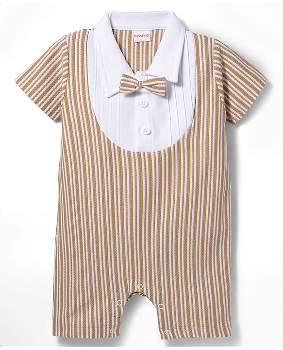 Babyhug Popcorn Knit Half Sleeves Striped Romper with Attached Waist Coat & Bow Applique - Multicolor