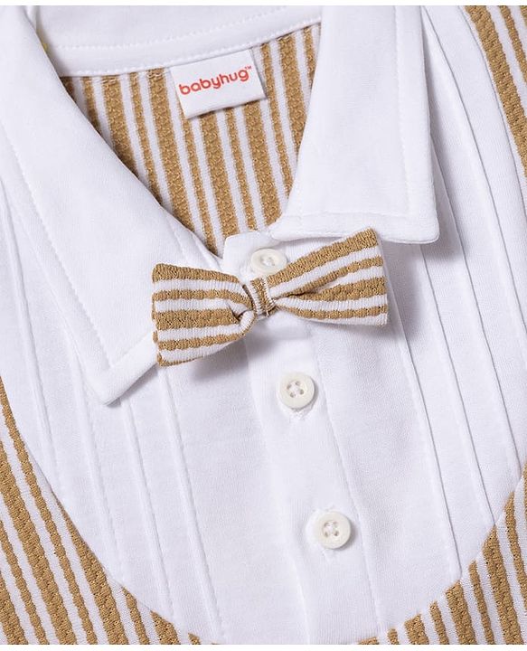 Babyhug Popcorn Knit Half Sleeves Striped Romper with Attached Waist Coat & Bow Applique - Multicolor