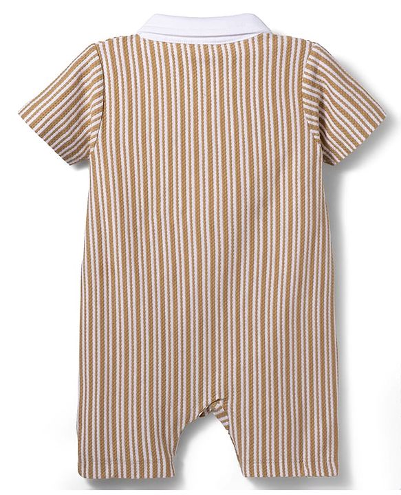 Babyhug Popcorn Knit Half Sleeves Striped Romper with Attached Waist Coat & Bow Applique - Multicolor