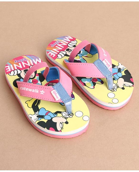 Cute Walk by Babyhug Disney Back Strap Closure Flip Flops With Minnie Mouse Print - Yellow & Pink