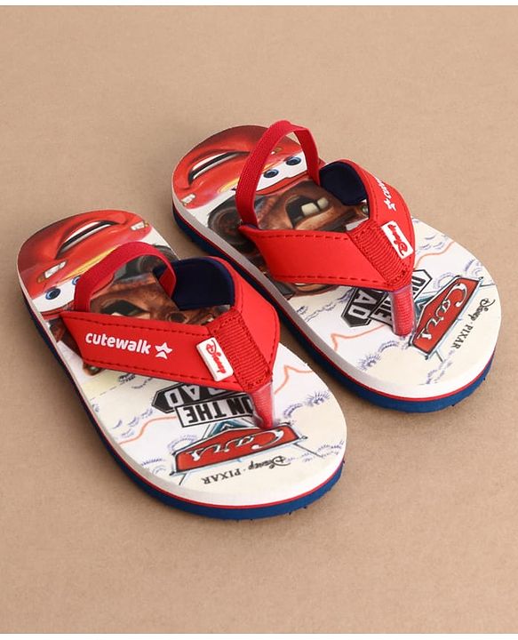 Cute Walk by Babyhug Disney Back Strap Closure Flip Flops With Cars Print - White & Red