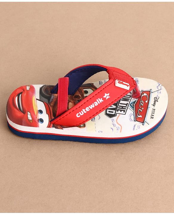 Cute Walk by Babyhug Disney Back Strap Closure Flip Flops With Cars Print - White & Red