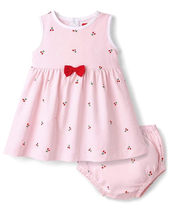 Babyhug Single Jersey Knit Frocks with Bloomer/Short Sleeveless Cherry Print Pink 0-0 Months