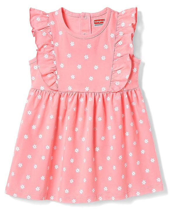 Babyhug Single Jersey Knit Flutter Sleeves Floral Printed Frock With Bloomer - Pink
