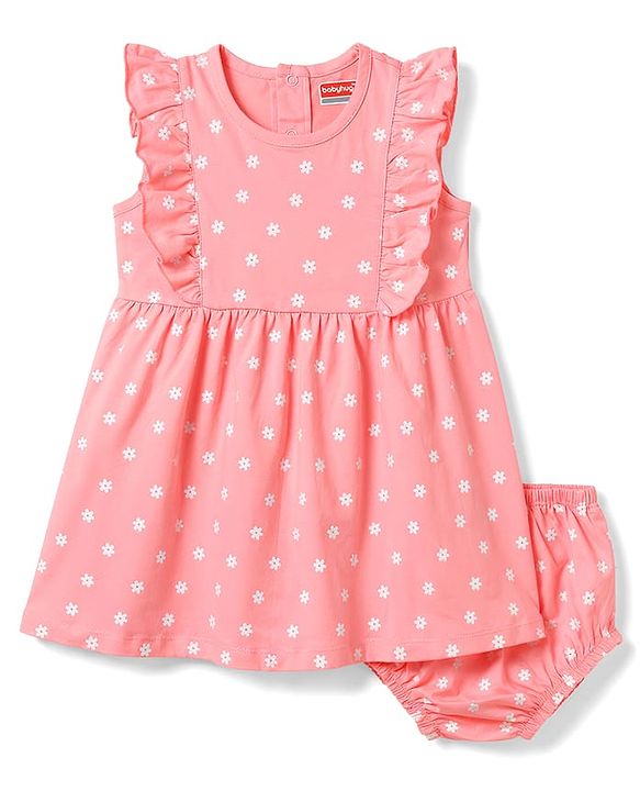 Babyhug Single Jersey Knit Flutter Sleeves Floral Printed Frock With Bloomer - Pink