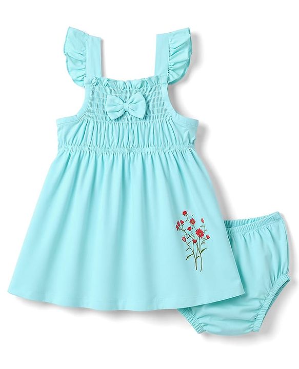 Babyhug Single Jersey Knit Frill Sleeves Floral Printed Smocked Frock With Bloomer & Bow Applique - Aqua Blue