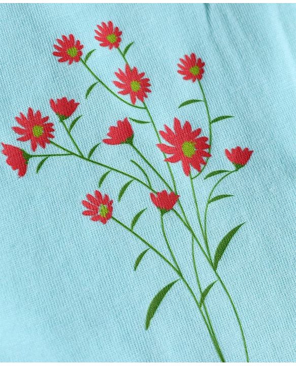 Babyhug Single Jersey Knit Frill Sleeves Floral Printed Smocked Frock With Bloomer & Bow Applique - Aqua Blue