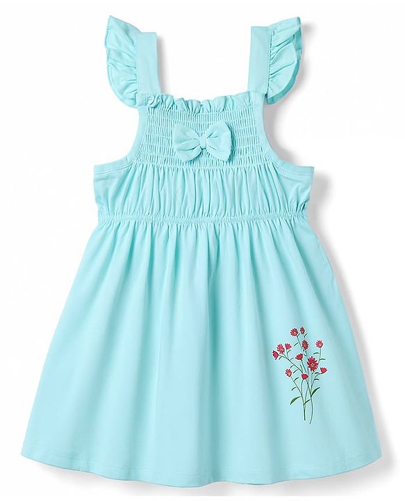 Babyhug Single Jersey Knit Frill Sleeves Floral Printed Smocked Frock With Bloomer & Bow Applique - Aqua Blue